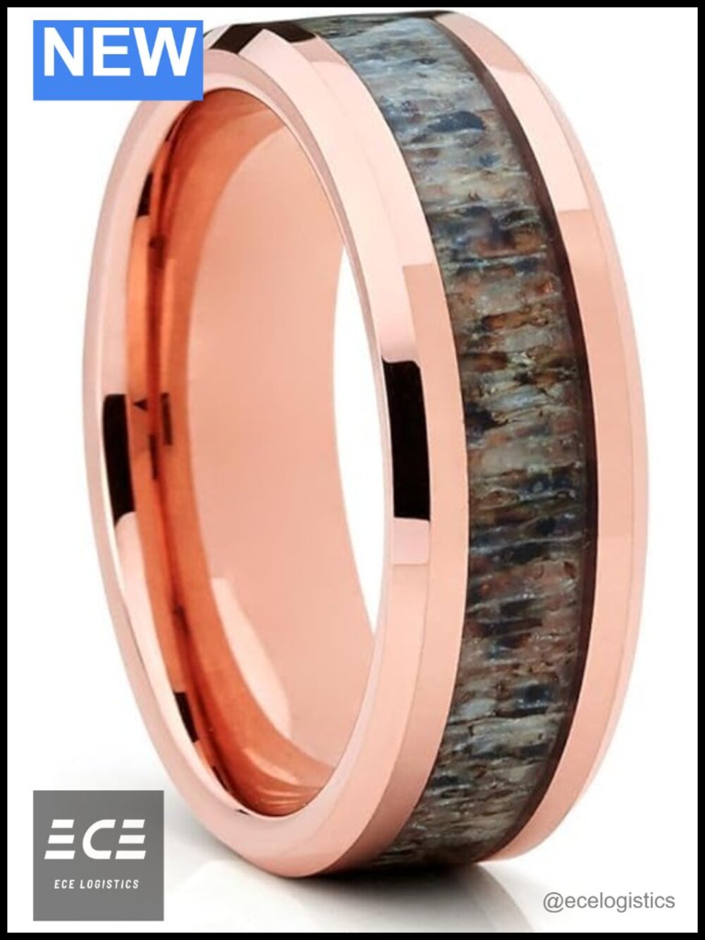 Deer Antler Tungsten Wedding Ring Rose Gold IP 8mm Comfort Fit